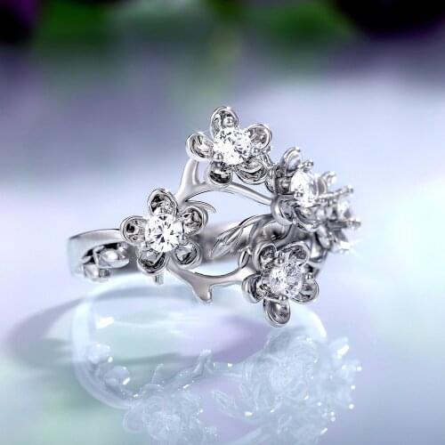 Luxury Female White Zircon Stone Ring Charm Silver Color Engagement Ring Vintage Crystal Flower Big Wedding Rings For Women