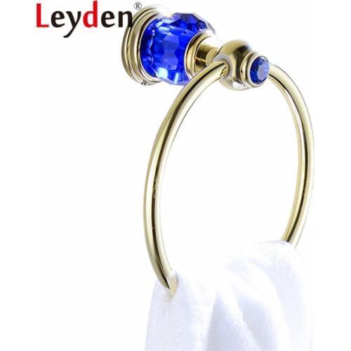 Leyden Luxury Gold Finish Blue Crystal Towel Ring Wall Mounted Ring Towel Holder Bathroom Towel Ring Holder Bathroom Accessories
