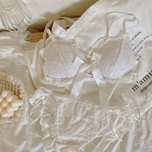 Sequined lace sexy lingerie panties sets no steel ring triangle cup gathered bow brassiere underpants thin cup top bra set