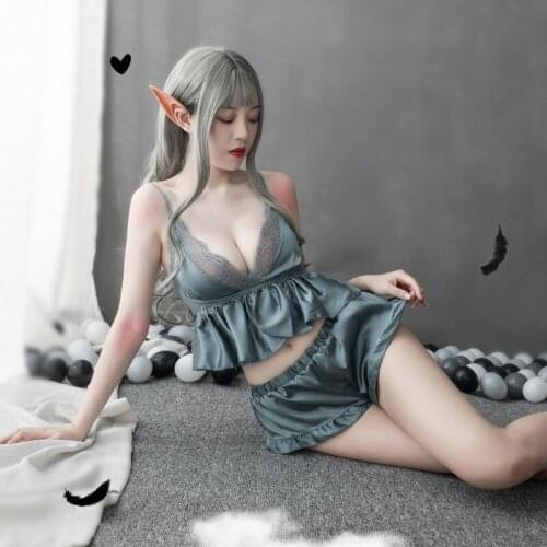 Sexy Women Lingerie Lace Sleepwear Suspenders Tops+T Pants Two-piece Thin Underwear Lolita Silk Satin Breathable Pajamas Outfits