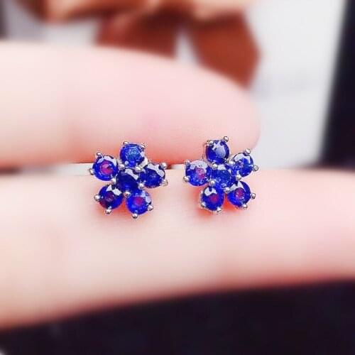 Natural real blue sapphire flower stud earring Per jewelry 3*3mm 0.15ct*12pcs gemstone 925 sterling silver Fine jewelry X21777