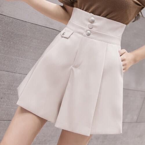 2020 Spring Summer Fashion Women Ladies High Waisted Beige Black Wide Leg Shorts , Korean Stle Woman Pleated Shorts Skirts