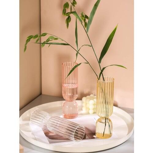 Nordic Hand Blown Stripe Vases Modern Decoration Home Multicolor Flower Vase Tabletop Ornaments Transparent Mini Glass Bottle