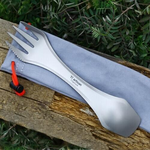 Tiartisan Three In One Titanium Outdoor Lightweight Portable Climbing Camping Trip Travel Fork Cutlery Spork Ta8101