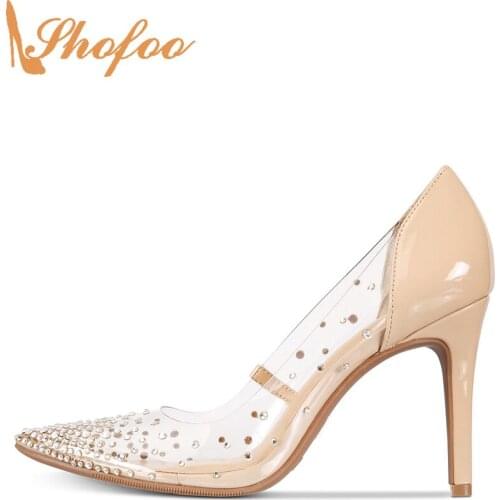 Nude Clear Pumps High Thin Heels Women Crystal Pointed Toe Large Size 13 15 Lady Fashion Rhinestone Accents Mature Shoes Shofoo