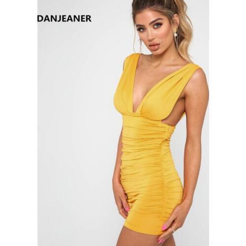 DANJEANER Dresses Woman Party Night Sexy V Neck Solid Bandage Dress Female Sleeveless Backless Summer Club Bodycon Dress Vestido