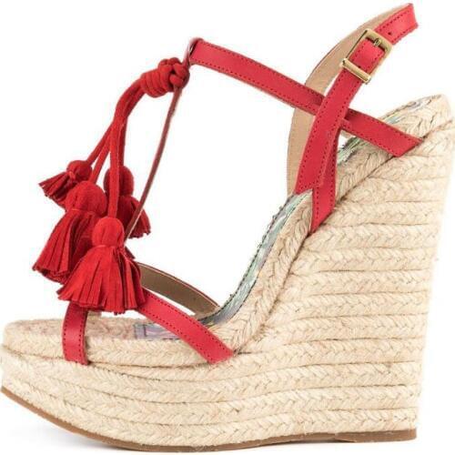 Moraima Snc Red Suede Fringed Platform Wedge Sandal Woman Sexy Peep Toe T-strap High Heel Shoes Summer Rope Braided Dress Heels