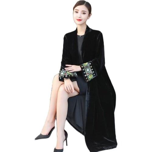 Sleeve exquisite Embroidery Vintage Velvet Kimono Trench New women V neck Mid Long Windbreaker Coat Outerwear