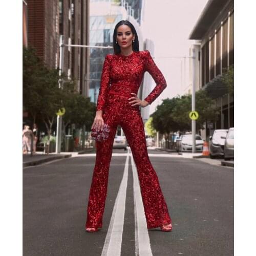 2021 Fashion Lace Decoration Long Jumpsuit Women Elegant Round Neck Long Sleeves Slim Flare Pants One Piece Red Ladies Jumpsuit