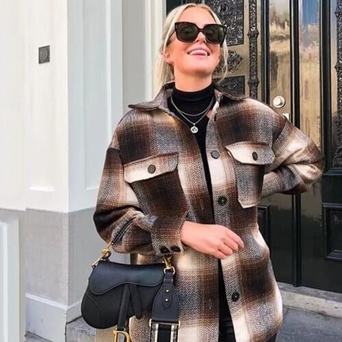Foridol vintage plaid autumn winter jackets coats women checked button oversized coat streetwear brown side slit coat 2020