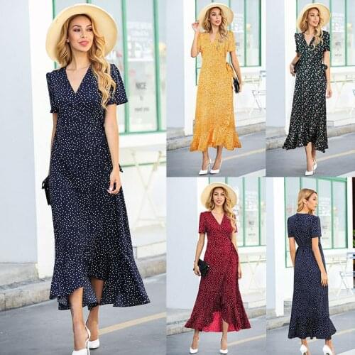 2021 Summer New Fashion Womens Explosive Style V-Neck Irregular Lotus Leaf Dress Fishtail Floral Dress