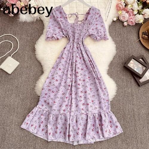 2021 New Summer Women Sweet All-match square neck print short sleeve Dress ruched slim mid length Dress