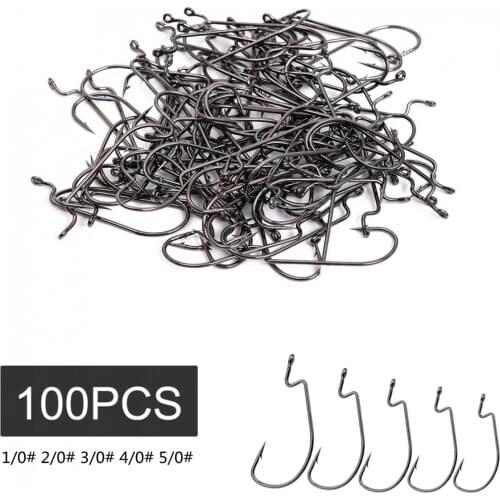 100pcs Fishing Hooks Set 1/0# 2/0# 3/0# 4/0# 5/0# Carbon Steel Wide Crank Barb Fishhooks for Soft Worm Bait