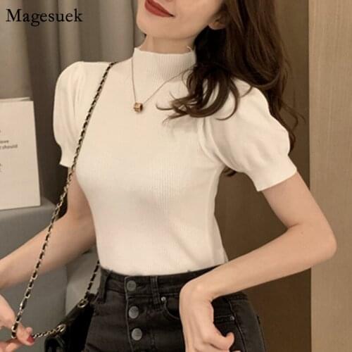 2021 Short Sleeve Summer Casual Knitted Woman Tshirts Solid Ladies Tops Shirt Vintage Slim T shirt Femme O-neck White Tees 10375