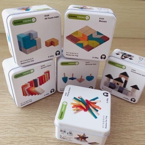 Childrens educational travel iron boxed Montessori Wooden domino building blocks gyro baby toy early education kids wooden toys