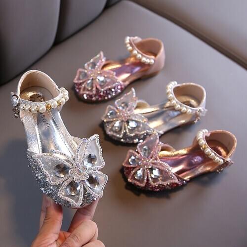Girls Sequin Lace Bow Kids Shoes Girls Cute Pearl Princess Dance Single Casual Shoe 2020 New Childrens Party Wedding Shoes D721