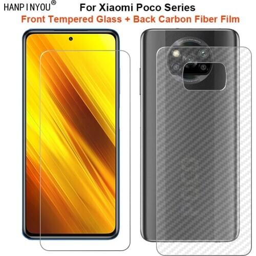 For Xiaomi Poco X3 NFC C3 X2 M2 F2 F1 Pro Lite 1 Set = Soft Back Carbon Fiber Film + Tempered Glass Front Screen Protector