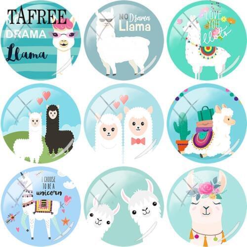 TAFREE Lovely Alpaca Llama With Flower 25mm Glass Cabochon DIY Round Bead Jewelry Findings For Necklace Earrings