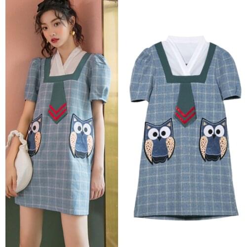 New Summer Japanese Women Mini Lolita Dress Bird Appliques Plaid Short Sleeve Cute Dresses Kawaii Feminine Dresses SY187