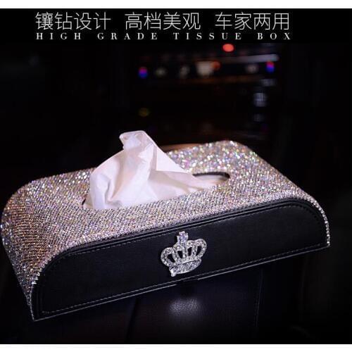 Fashion inlaid diamond pu leather tissue box car tissue holder napkin holders tissue holder for car luxury tissue box PZJH049