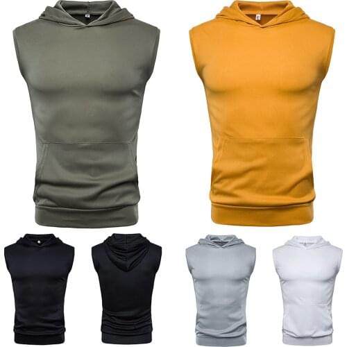 Fashion Solid Color Sleeveless Vest Summer Casual Tops Pullover Hooded Plus Size Gym Bodybuilding Tees