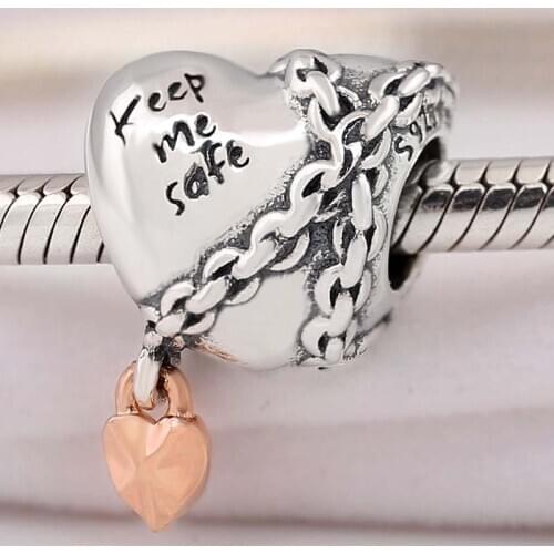 Original Rose Chained Heart With Keep Me Safe Beads Fit 925 Sterling Silver Bead Charm Bracelet Bangle Diy Jewelry