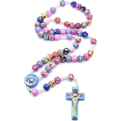 Rosary Necklace Catholic Rose Polymer Clay Beads Religion Long Chain Children Jewelry