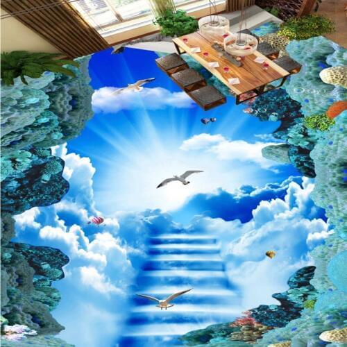 Free shipping custom Cloud ladder clouds sky 3D floor painting self-adhesive thickened waterproof lobby flooring wallpaper mural