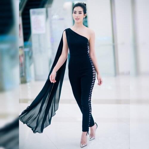 Chic Solid Black One Shoulder Lace Up Cut Out Sleeveless Bodycon Jumpsuit