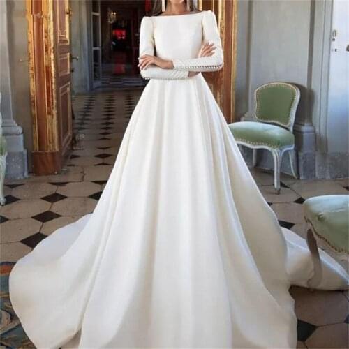 Wedding Dress 2021 High Quality V-Neck Sweep Train Three Quarter Backless Bridal Gowns