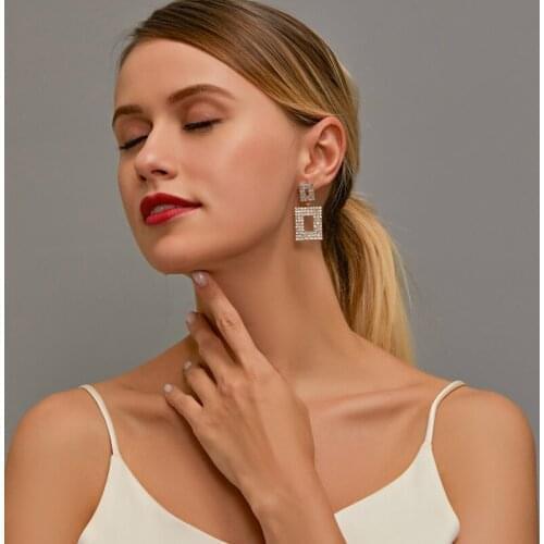 Golden Double Square Long Pendant Exaggeration Rhinestone Starry Bling Hollow Simple Alloy Dangle & Drop Earrings for Women