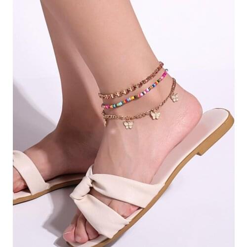 Fashion Butterfly Anklet Rhinestone Beads Chain Foot Chain Jewelry for Women Summer Beach Anklet Butterfly Barefoot Chain