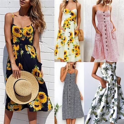 Summer Women Floral Print Midi Dress Pocket Button Spaghetti Strap Prairie Chic Sundress Casual Plus Size Beach Vestidos Verano