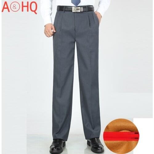 Winter Suit Pants Fleece Thick Formal Business Loose Straight Dress Trousers Pant Male 2021 New Classic