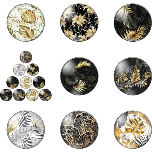 Golden Tropical Leaves Plants 12mm/14mm/16mm/18mm/20mm/25mm Round Photo Glass Cabochon Demo Flat Back Making Findings