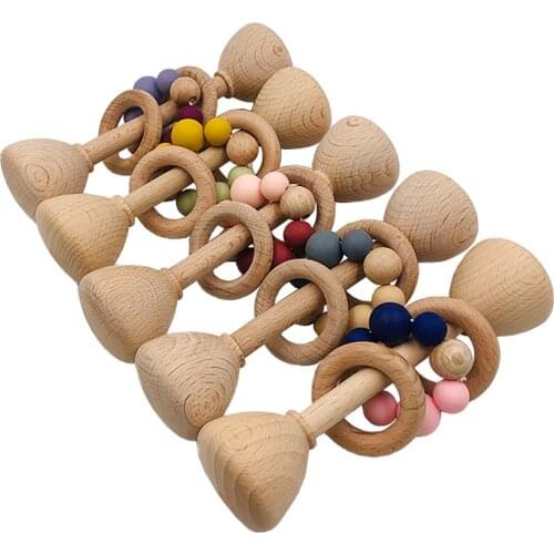 1PC Baby Wooden Teether Music Rattle Montessori Activity Gym Toys Wooden Blank Ring Teething Toys Infant Nursing Gifts Toys