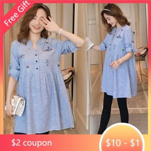 1915# Patchwork Cotton Maternity Blouse Rolled Up Sleeve Spring Summer Fashion Shirt Clothes for Pregnant Women Pregnancy Tops