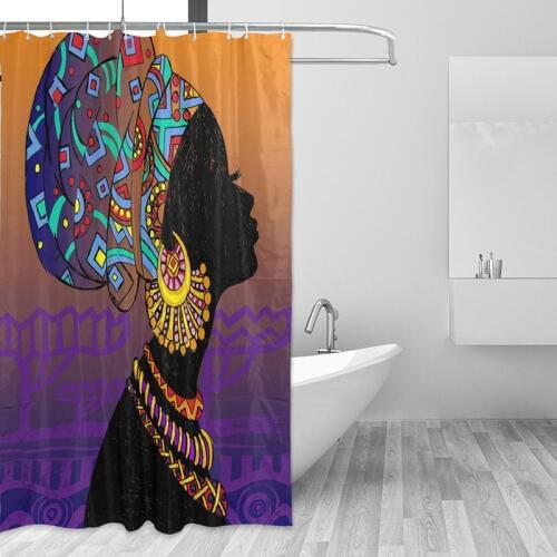 African American Woman Shower Curtain Afro Hairstyle Black Girl Bathroom Waterproof Polyester Fabric for Bathtub Decor 12 Hooks