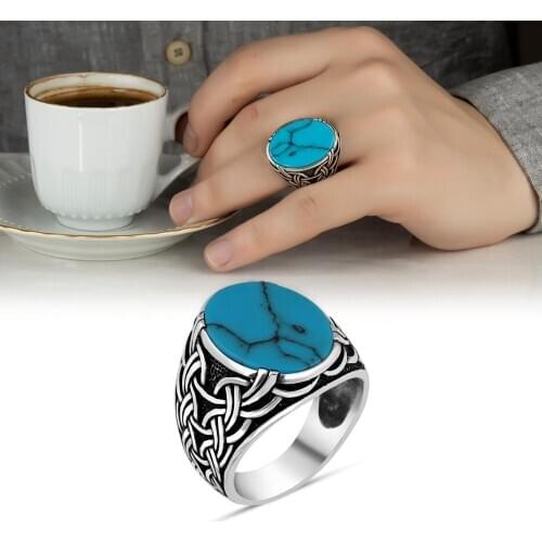 Turquoise Stone 925 Sterling Silver Mens Ring with Chain Motif, Handmade Ottoman Style Ring, Jewelry for Stylish Men
