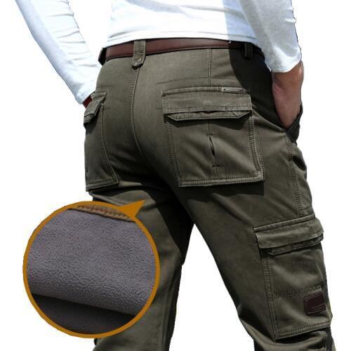 Winter Plus Velvet Cargo Pants Male Straight Loose Multi-pocket Casual Mens Thicken Fleece Warm Military Trousers Army Green