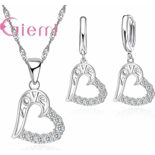 Fast Shipping Beautiful Love Shape Necklace Earrings Flower Cubic Zirconia For Women Jewelry Set