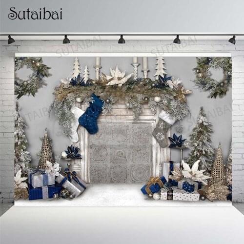 Brick Old Fireplace Christmas Tree Gift Socks Baby Photo Background Photography Backdrop Photocall Photo Studio New Year Decor