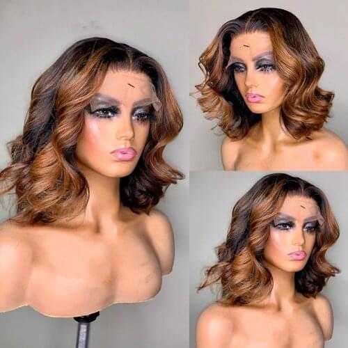 HD Lace Highlight Dark Brown Lace Frontal Wigs Short Bob Body Wave Glueless Brown Ombre Human Hair Wigs For Women Pre Plucked