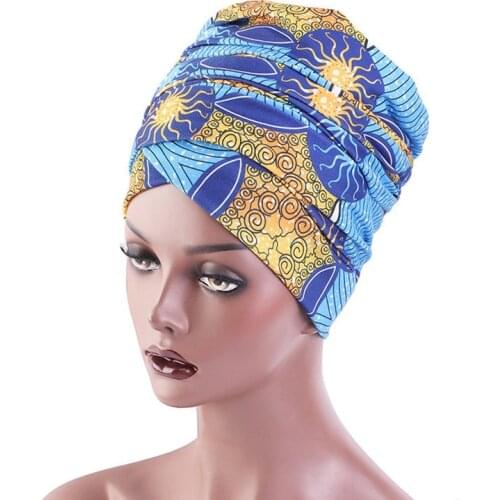 Hot selling African printed long tail turban scarf wrapped hat elastic cotton national hat Muslim women turban hijab caps