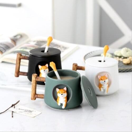Cartoon Ceramic Mug Cute 3D Shiba Inu Pattern with Lid Spoon Girls Favorite Gift Brew Milk Tea Creative Coffee Cup