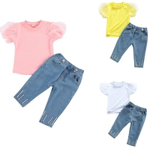 Lioraitiin 1-6Years Baby Girl Summer Outfits Polka Dot Mesh Puff Sleeve Round Neck T-shirt + Beaded Jeans with Pockets