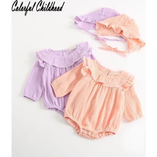 Sweet lace ruffles romper baby girls long sleeve jumpsuit infant newborn body overalls with hat children clothes fall