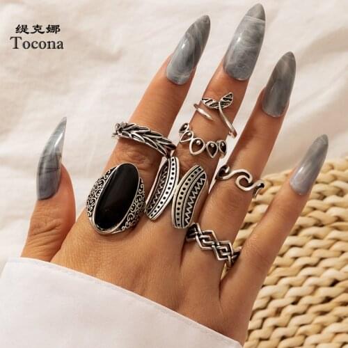 Tocona 7pcs/sets Bohemian Leaf Geometric Ring Sets for Women Black Dripping Oil Fish Tail Jewelry Accessories Anillo 16910