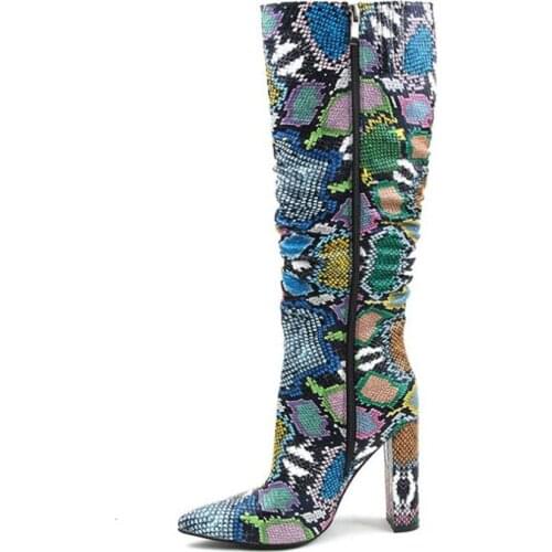 New Women Boots Fashion Green Snake Grain Booties Winter Female Pointed Toe High Heels Over The Knee Shoes Sapato Feminino