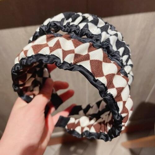 New Plaid Pattern Hairband Wild Lattice Headband Wide-Edged Folds College Style Women Girls Elastic Hairband Hair Accessories